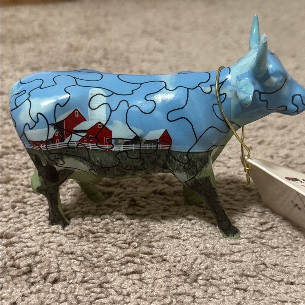 Whimsical Blue Puzzle Cow Sculpture